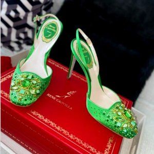 Brand New RENÉ CAOVILLA Green Crystal Embellished Satin Pumps 100MM 36.5